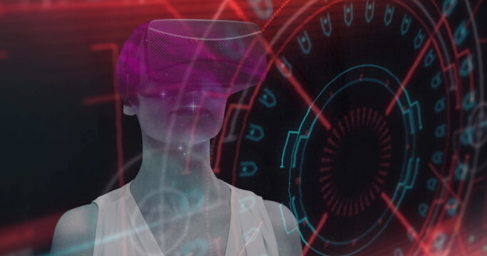 Image of scope scanning with glitch and woman using vr headset