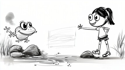 Cartoon Girl Reaches Out to Friendly Frog in Pond Sketch Art Whimsical Playful Encounter of excellence.