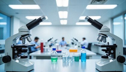 Modern microscopes examining samples in a sterile lab, scientific progress