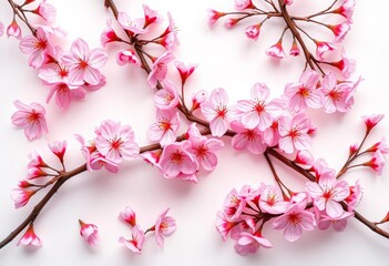 Obraz premium Delicate pink cherry blossoms arranged in a graceful, flowing pattern against a clean, white background, pretty, pink