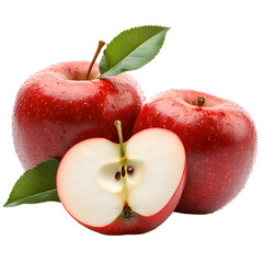 Red apples with green leaves one sliced open showing seeds,
