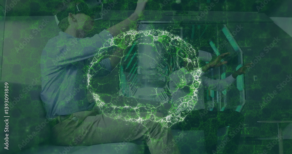 Poster image of brain scan and medical data processing on interface, over man and woman in vr headsets