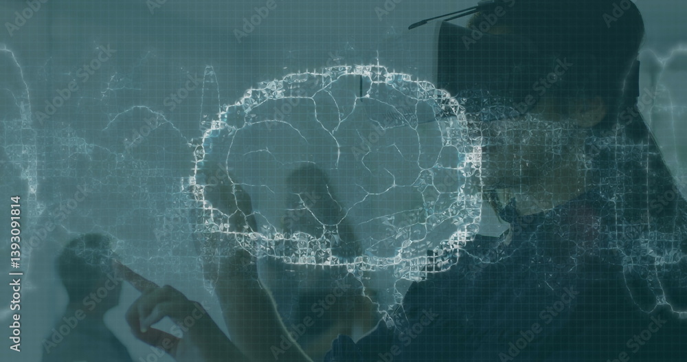 Aufkleber image of brain and medical data processing on interface, over smiling woman using vr headset