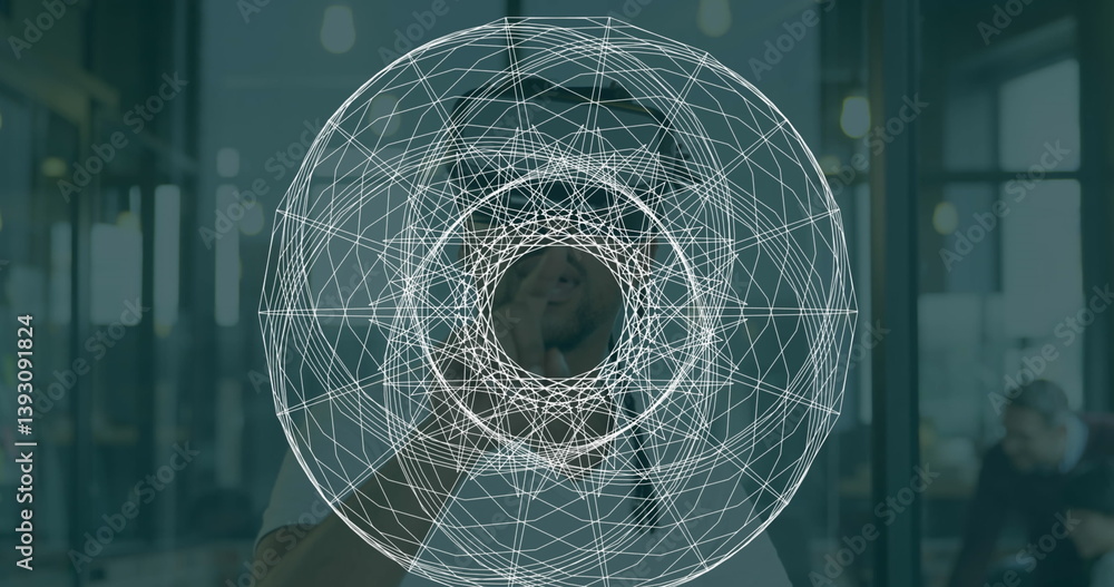 Poster image of circular geometry, over man wearing vr headset using virtual interface