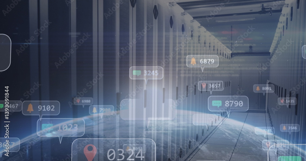 Poster image of social media icons over globe and computer servers