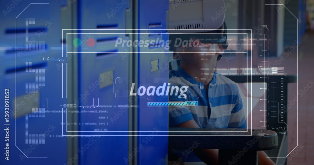 Poster image of data processing on screen over boy using vr headset
