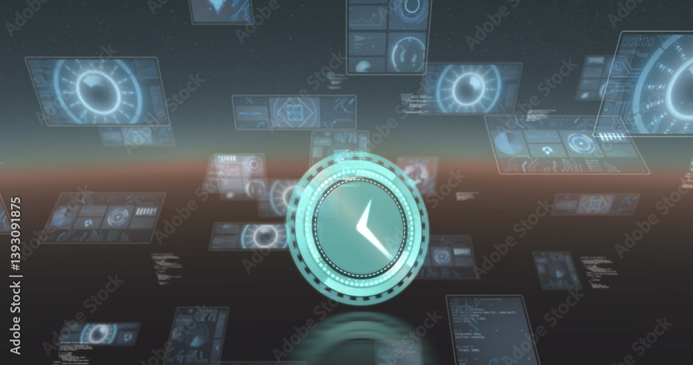 Aufkleber neon digital clock ticking against multiple round scanners and data processing on blue background