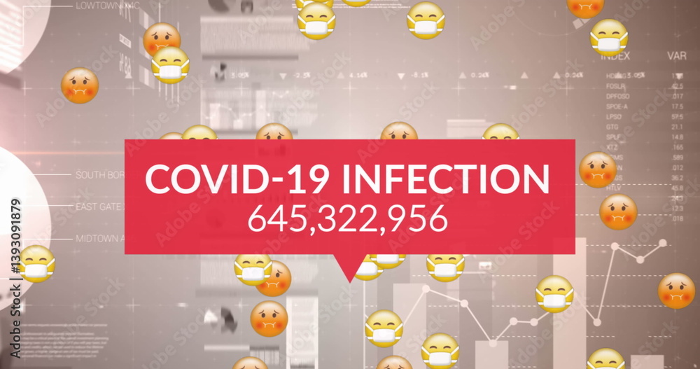 Poster image of covid 19 data processing over multiple sick emojis with face masks