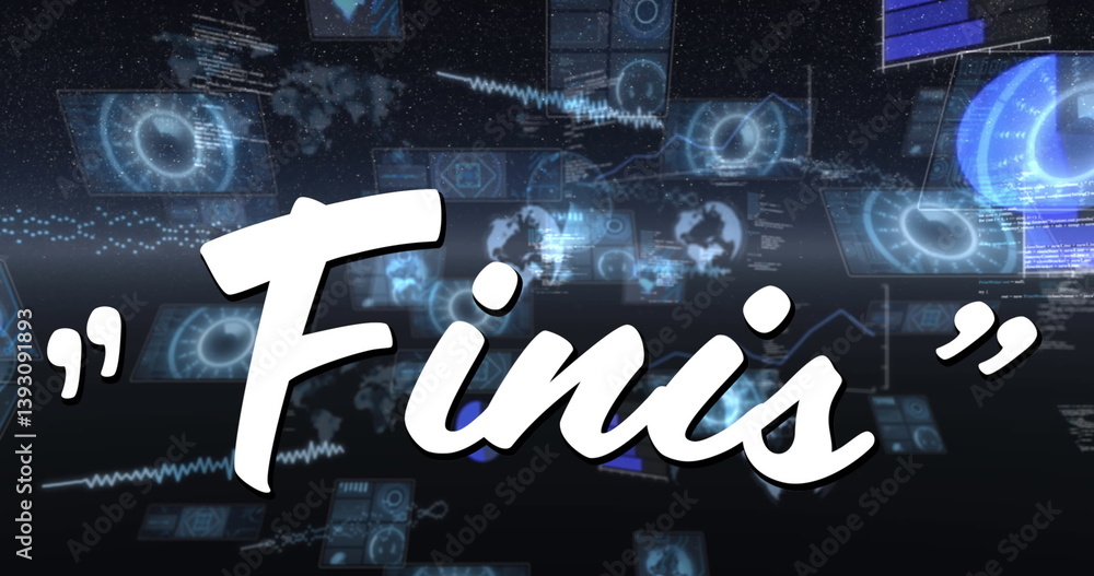 Poster finis text against multiple round scanners and data processing on blue background