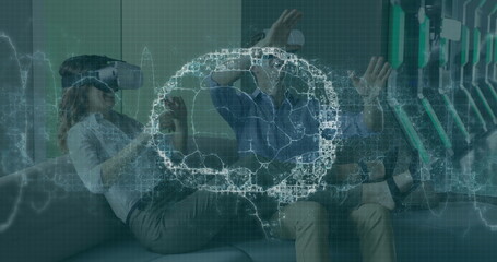 Image of brain scan and medical data processing on interface, over man and woman in vr headsets