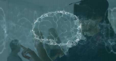 Image of brain and medical data processing on interface, over smiling woman using vr headset