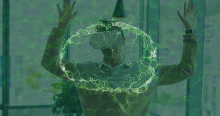Image of human brain and medical data processing over businessman wearing vr headset