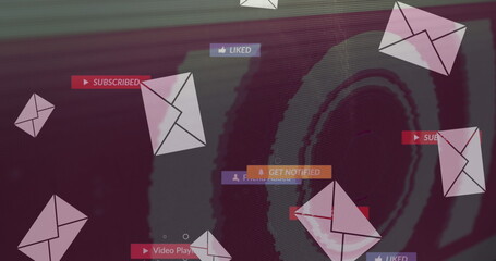 Image of social media icons over envelopes and scope scanning