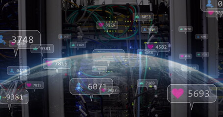 Image of social media icons over globe and computer server