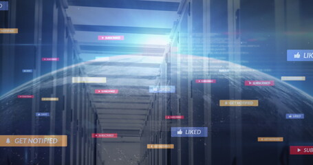 Image of social media icons over globe and computer servers