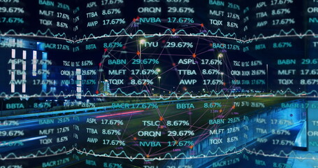 Stock market data processing over spinning globe against view of night city traffic