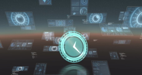 Neon digital clock ticking against multiple round scanners and data processing on blue background