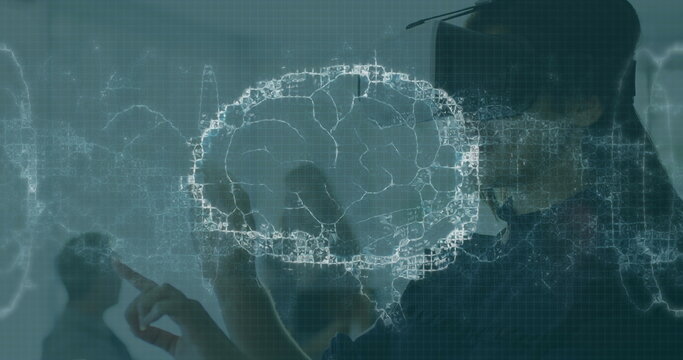 Image of brain and medical data processing on interface, over smiling woman using vr headset