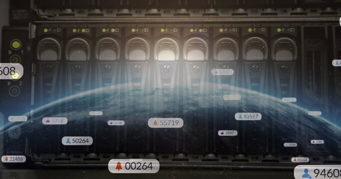 Image of social media icons over computer servers