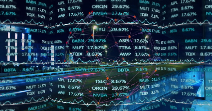 Stock market data processing over spinning globe against view of night city traffic