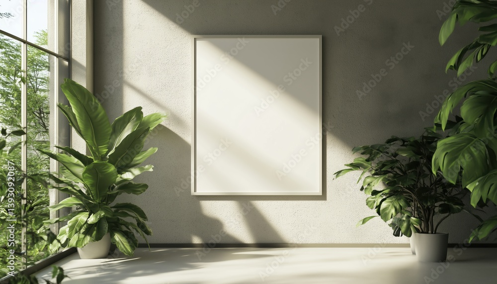 Poster natural scenery through floor-to-ceiling window with empty poster on concrete wall in loft room - 3d