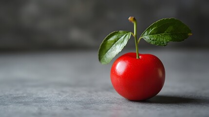 Bright Red Cherry with Green Leaf on a Rustic Gray Surface