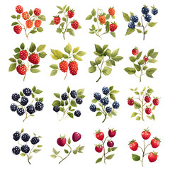 Berries collection watercolor painting red black fruits leaves branches