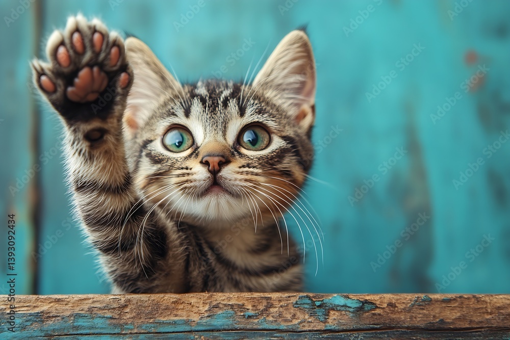 Poster cute tabby kitten waving paw hello adorable cat portrait against blue background friendly feline com