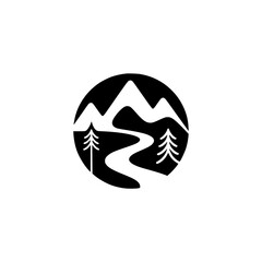 Minimalist Mountain Landscape Logo, Circle Frame, Black & White