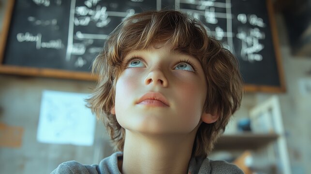 Thoughtful Young Boy in Classroom Looking Up at Blackboard Math Equations