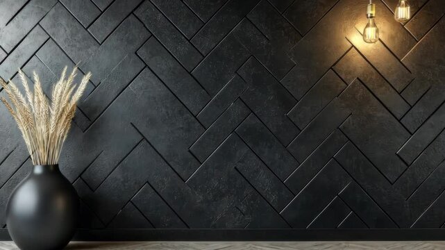 Black, Semigloss Wall background with tiles. Herringbone, tile Wallpaper with Polished blocks.
