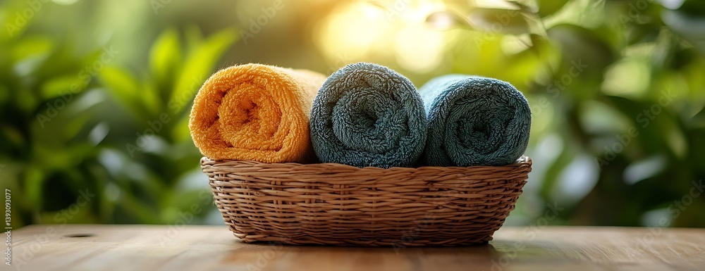 Poster spa towels rolled in basket for relaxation and wellness with soft focus greenery in background : gen