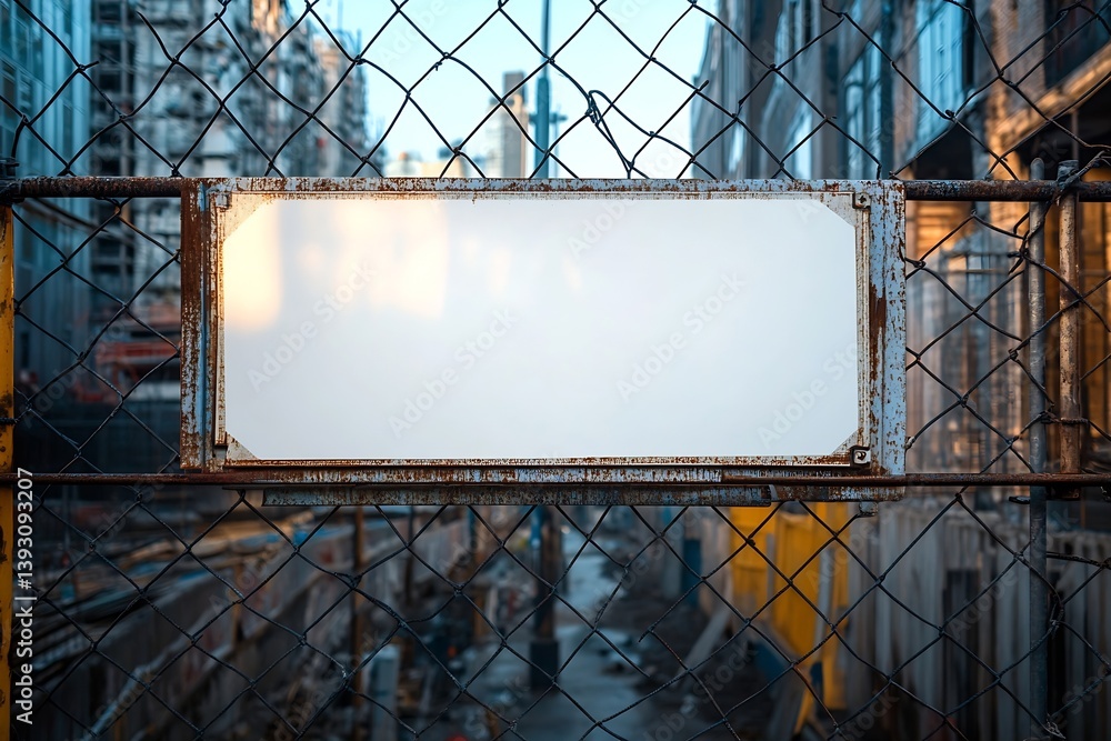Poster Rusty Metal Frame on Wire Fence with Blank White Sign Urban Decay and Cityscape Background Great for Adding Text : Generative AI