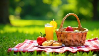 A checkered blanket, basket, food, drinks, sunny day, cookies, gathering