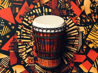 An artistic rendering of djembe drum surrounded by vibrant geometric patterns rhythmic designs capturing the essence of lively percussion