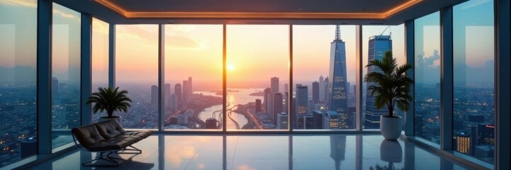 Breathtaking panoramic inside view of a glass skyscraper office, modern office, high rise