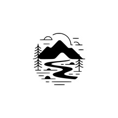 Minimalist Mountain Landscape Icon, Black & White, Circle Design
