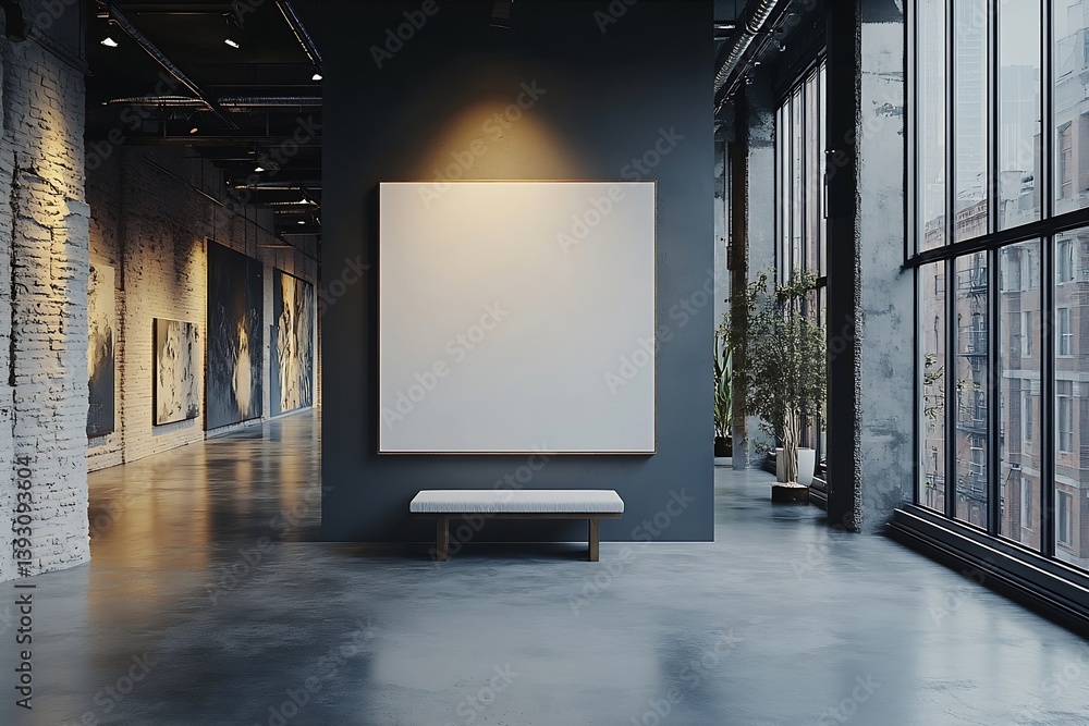 Fototapete modern art gallery interior with blank canvas and bench loft space with large windows and concrete f