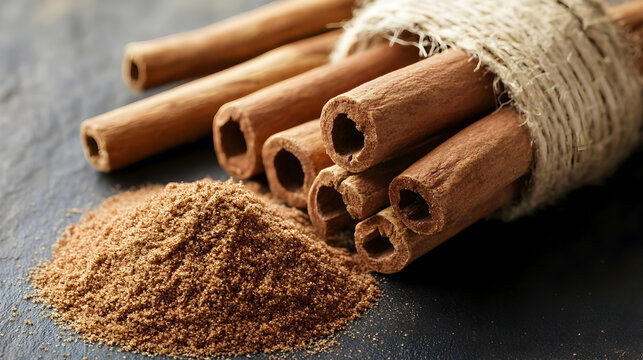 varas de canela amarradas con un lazo o mecate junto a un pu&ntilde;o de canela en polvo alimento y condimento delicioso y aromatico