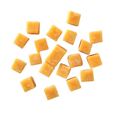 Golden Butterscotch Cubes Falling on Black Background,