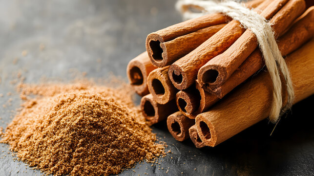 canela molida sobre una mes ajunto a unas varas de canela amarradas con un rico aroma