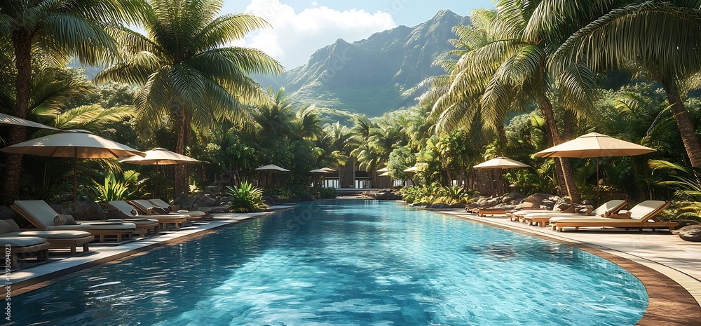 Poster luxurious tropical palm oasis with a sparkling pool surrounded by lush greenery and stunning mountai