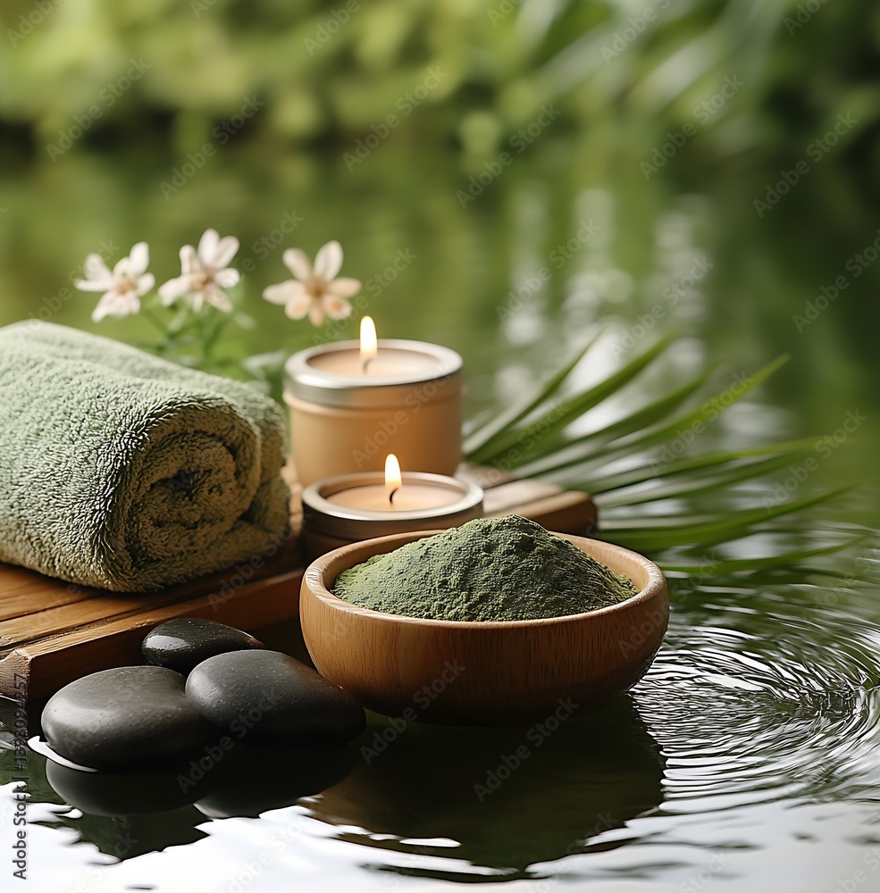 Poster relaxing spa arrangement with green powder towels candles and natural elements set against a calm wa