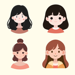 Four  girl's faces character illustration with different hair colors, Four girl avatar character vector illustration flat design