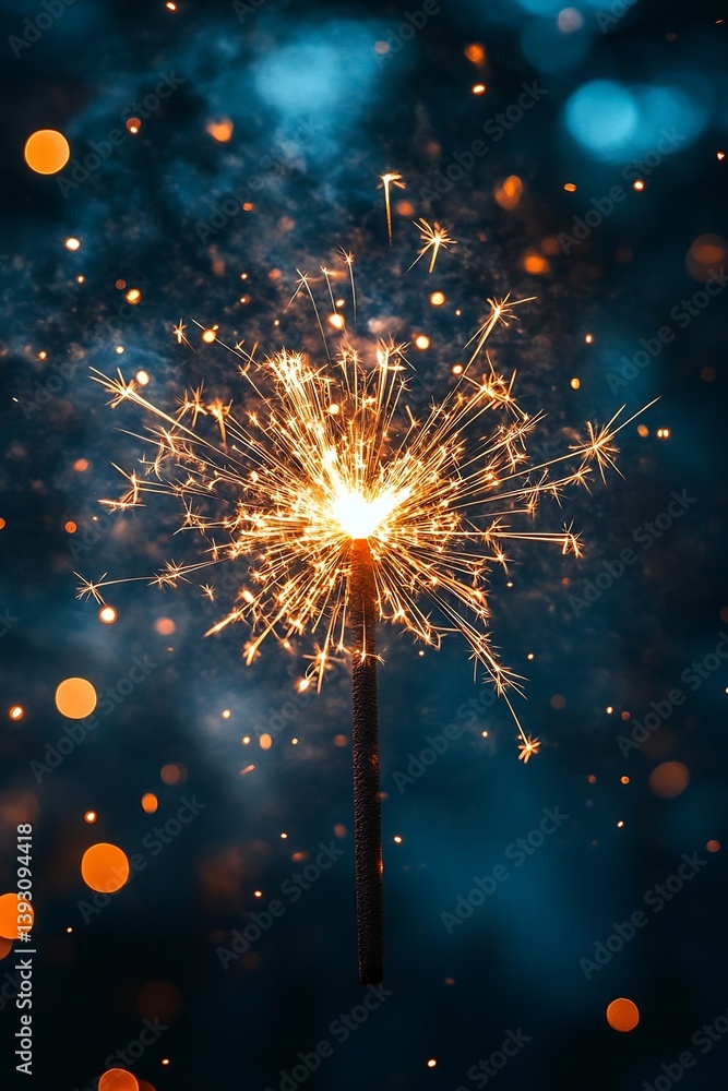 Poster sparkling celebration close up of a lit sparkler with golden sparks against a festive and dark blue 