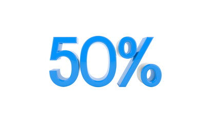 3d rendering of a blue 50 percent sign on a white background