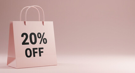 Fashion sale promotion, modern shopping bag with '20% OFF' against minimalist backdrop  