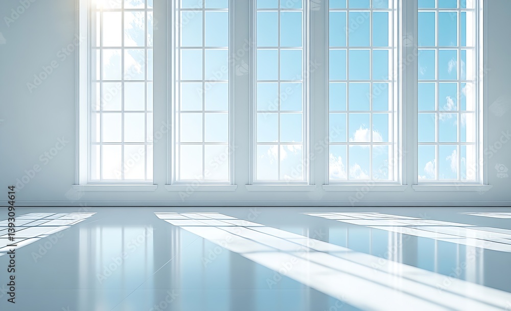 Poster bright white room with large windows and sky view modern interior minimalist design sunny day light 