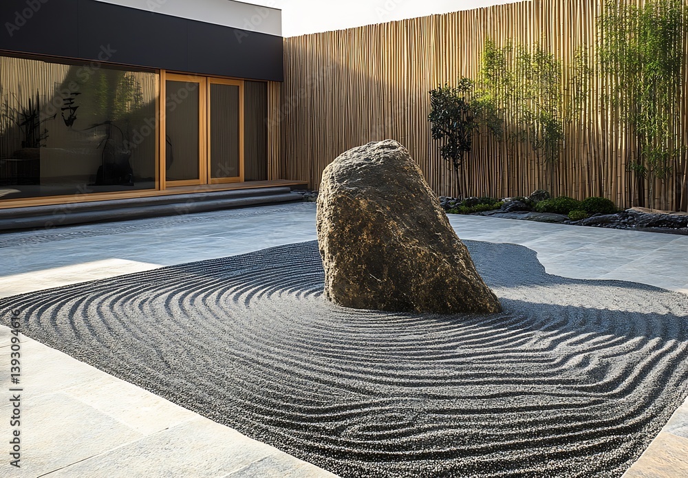 Poster serene zen garden featuring a large stone and intricate patterns in the raked gravel for tranquil am