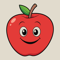 Cute Cartoon Red Apple with Happy Face and Leaf Illustration